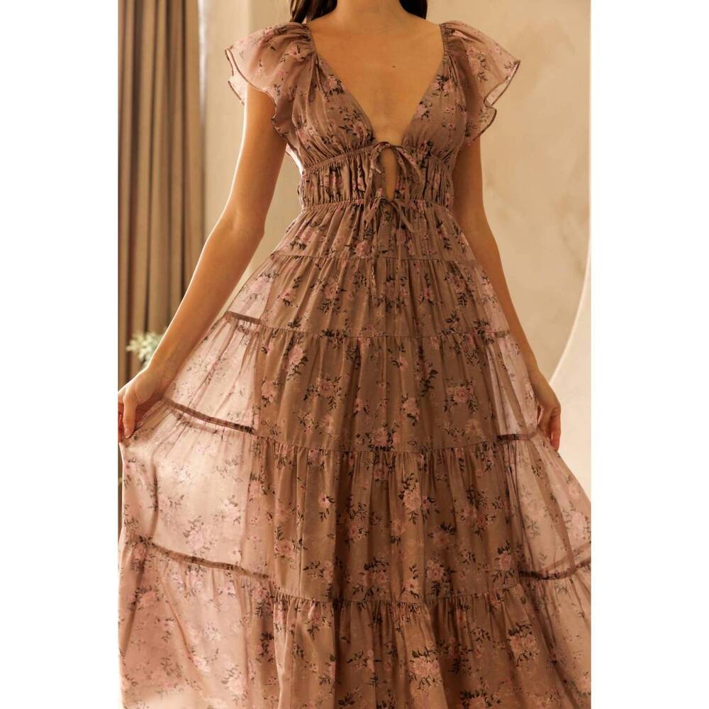 NEW STORIA tilly tie front midi dress in mauve floral - Picture 8 of 8